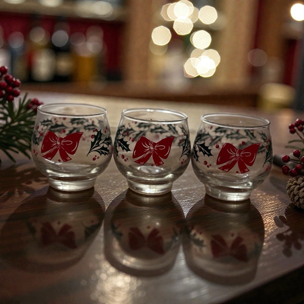 3 VTG MCM  Libby Rolly Polly‎ Low Ball Cocktail Glass Bow Holly Berry XMAS Party